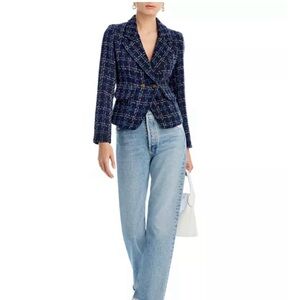 Aqua Double Breasted Blue Tweed Blazer Small Office Versatile